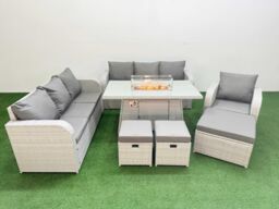 Fimous 10 Seater Poly Rattan Outdoor Garden Furniture Firepit Dining Table Sofa Set Patio 3 Seater Sofa Reclining Chair 3 Seater Sofa 3 Stools Light - thumbnail 1