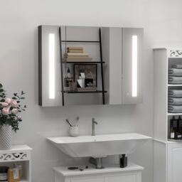 Kleankin LED Mirror Cabinet Wall Mounted Bathroom 3 Mirrored Door High Gloss in Black