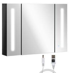 Kleankin LED Mirror Cabinet Wall Mounted Bathroom 3 Mirrored Door High Gloss in Black - thumbnail 2