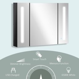 Kleankin LED Mirror Cabinet Wall Mounted Bathroom 3 Mirrored Door High Gloss in Black - thumbnail 5