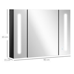 Kleankin LED Mirror Cabinet Wall Mounted Bathroom 3 Mirrored Door High Gloss in Black - thumbnail 3