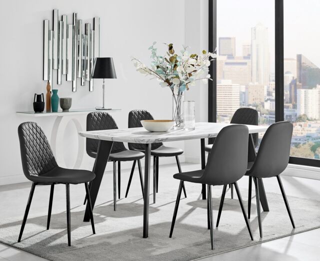 FurnitureboxUK Andria White Marble Effect & Black Leg 6 Seater Dining Table & 6 Corona Faux Leather Chairs - image 1