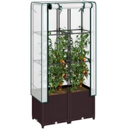 OUTSUNNY Plastic Vegetable Planter with Trellis, 80 x 40 x 140 cm in Brown - thumbnail 2