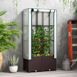 OUTSUNNY Plastic Vegetable Planter with Trellis, 80 x 40 x 140 cm in Brown - thumbnail 1