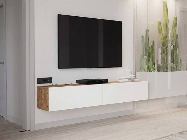 Vente-unique 2 - Door Wall - Mounted TV Unit - White & Natural - AUBEPINA in Light Oak - image 1