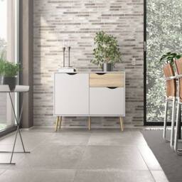 CALICOSY Small Sideboard With 2 Doors & 1 Drawer, White & Oak, 98.7cm - thumbnail 2