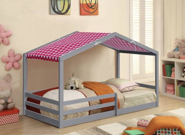 Comfy Living Ltd 3ft Wooden House Bed With Pink Tent in Grey - Size: Single - image 1