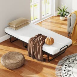 Gymax Rollaway Guest Bed With Memory Foam Mattress Metal Frame-White in White - thumbnail 4