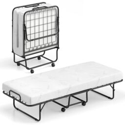 Gymax Rollaway Guest Bed With Memory Foam Mattress Metal Frame-White in White