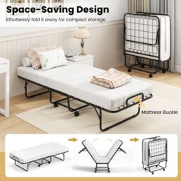 Gymax Rollaway Guest Bed With Memory Foam Mattress Metal Frame-White in White - thumbnail 8