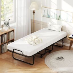 Gymax Rollaway Guest Bed With Memory Foam Mattress Metal Frame-White in White - thumbnail 3