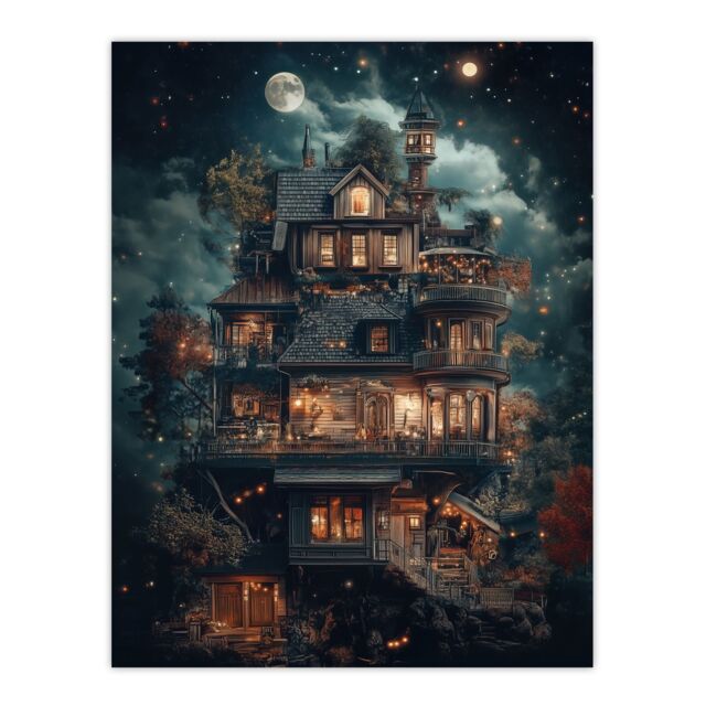"Artery8 The Burrow Witch Home at Night Conceptual Art Wall Art Print in Blue - Size: W18"" x H24""" - image 1