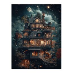"Artery8 The Burrow Witch Home at Night Conceptual Art Wall Art Print in Blue - Size: W18"" x H24""" - thumbnail 1