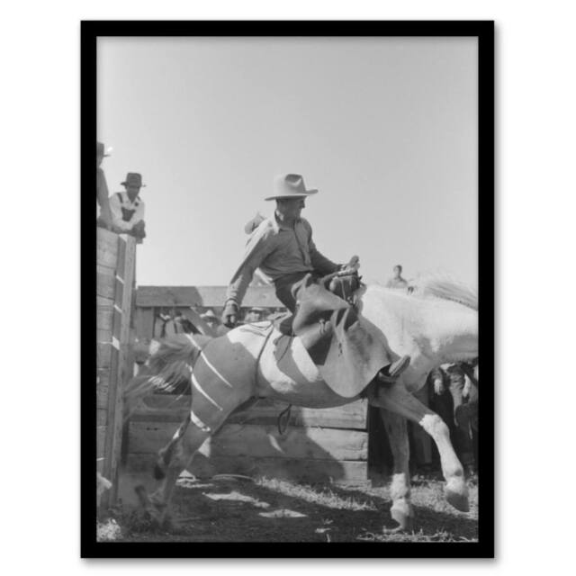 Artery8 Russell Lee Cowboy at Bean Day Rodeo Action Shot Framed Wall Art Print in Grey - Size: A4 - image 1