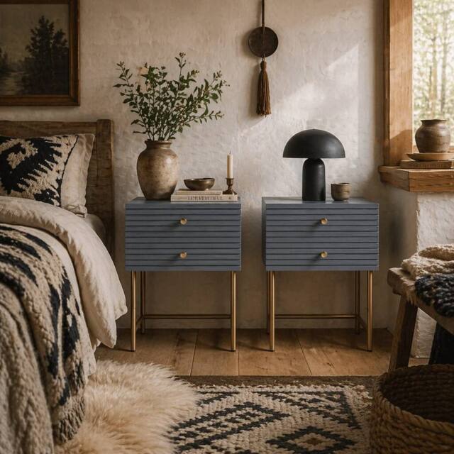 Wyld Haus Lika Set of 2 Grey & Gold Bedside Tables with Ribbed Drawers - image 1