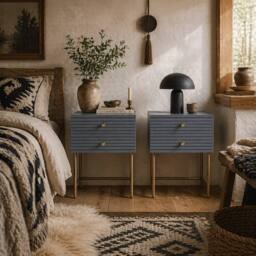 Wyld Haus Lika Set of 2 Grey & Gold Bedside Tables with Ribbed Drawers - thumbnail 1