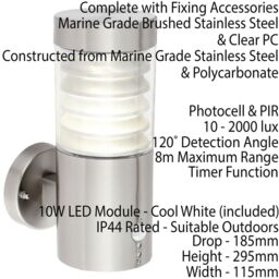 Loops IP44 Outdoor LED Light Brushed Steel Spiraled PIR Wall Lamp Porch Outdoor Shade in Metallics - thumbnail 2
