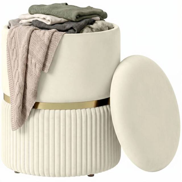 FORGEVIO Round Storage Foot Stool, Velvet-feel Fabric Upholstered Pouffe in Beige - image 1