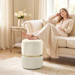 FORGEVIO Round Storage Foot Stool, Velvet-feel Fabric Upholstered Pouffe in Beige - thumbnail 5