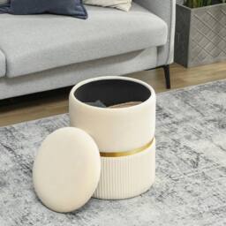 FORGEVIO Round Storage Foot Stool, Velvet-feel Fabric Upholstered Pouffe in Beige - thumbnail 4