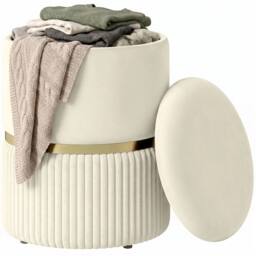 FORGEVIO Round Storage Foot Stool, Velvet-feel Fabric Upholstered Pouffe in Beige