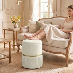 FORGEVIO Round Storage Foot Stool, Velvet-feel Fabric Upholstered Pouffe in Beige - thumbnail 3