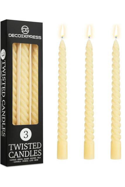 Deco Express Dinner Candles Pack of 3 Twisted Non Drip Spiral 6 hours Non Scented in Ivory - Size: 3 Pack - image 1