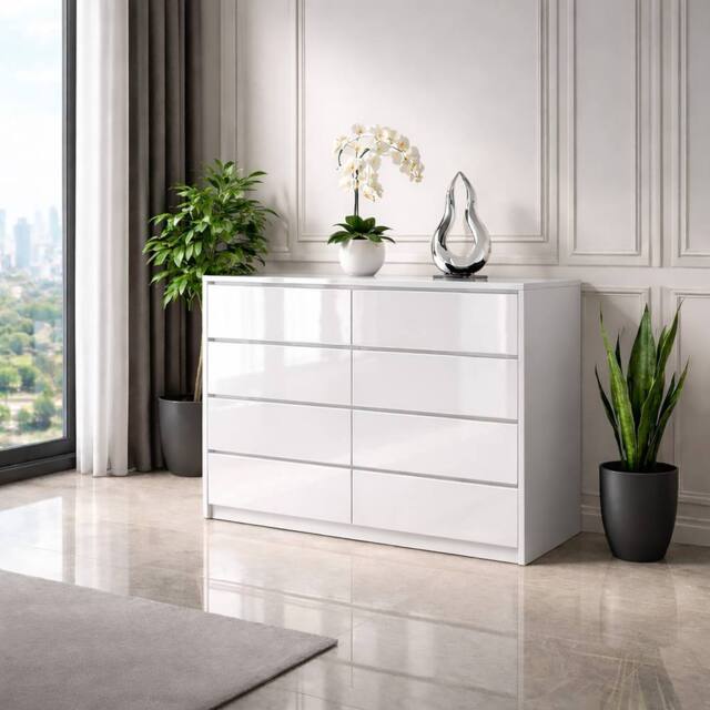 Harmin White 8 Drawer High Gloss Chest of Drawers - Handleless Sleek Design - image 1