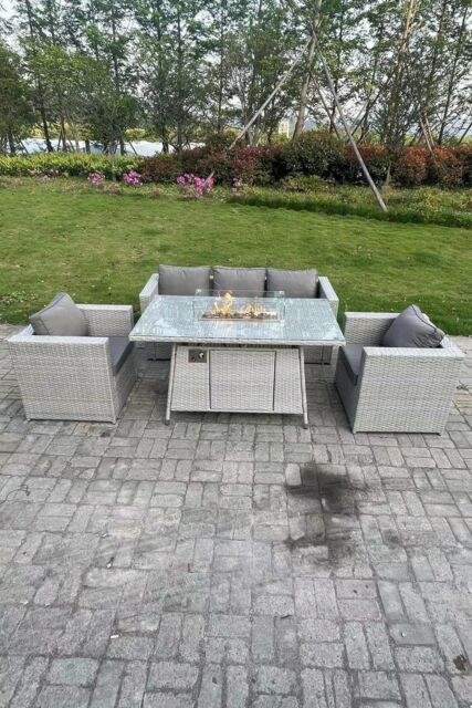 Fimous Rattan Gas Fire Pit Garden Furniture Dining Table Set Heater Burner Chairs Lounge Sofa Set in Light Grey - image 1