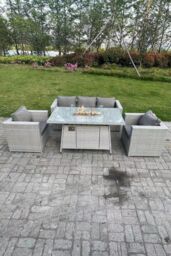 Fimous Rattan Gas Fire Pit Garden Furniture Dining Table Set Heater Burner Chairs Lounge Sofa Set in Light Grey - thumbnail 1