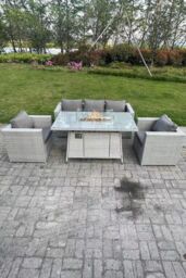 Fimous Rattan Gas Fire Pit Garden Furniture Dining Table Set Heater Burner Chairs Lounge Sofa Set in Light Grey - thumbnail 3