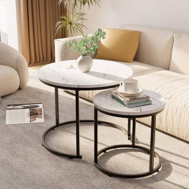 Huhote Metal Frame White Wood Marble Finish Top Round Nesting Side End Table 2 Set - image 1