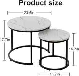 Huhote Metal Frame White Wood Marble Finish Top Round Nesting Side End Table 2 Set - thumbnail 3