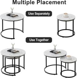 Huhote Metal Frame White Wood Marble Finish Top Round Nesting Side End Table 2 Set - thumbnail 6