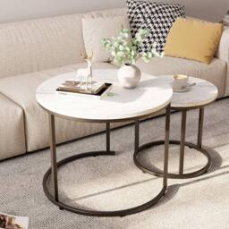 Huhote Metal Frame White Wood Marble Finish Top Round Nesting Side End Table 2 Set - thumbnail 2