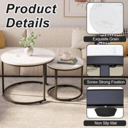 Huhote Metal Frame White Wood Marble Finish Top Round Nesting Side End Table 2 Set - thumbnail 5