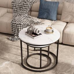 Huhote Metal Frame White Wood Marble Finish Top Round Nesting Side End Table 2 Set - thumbnail 4