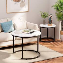 Huhote Metal Frame White Wood Marble Finish Top Round Nesting Side End Table 2 Set - thumbnail 7