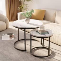 Huhote Metal Frame White Wood Marble Finish Top Round Nesting Side End Table 2 Set