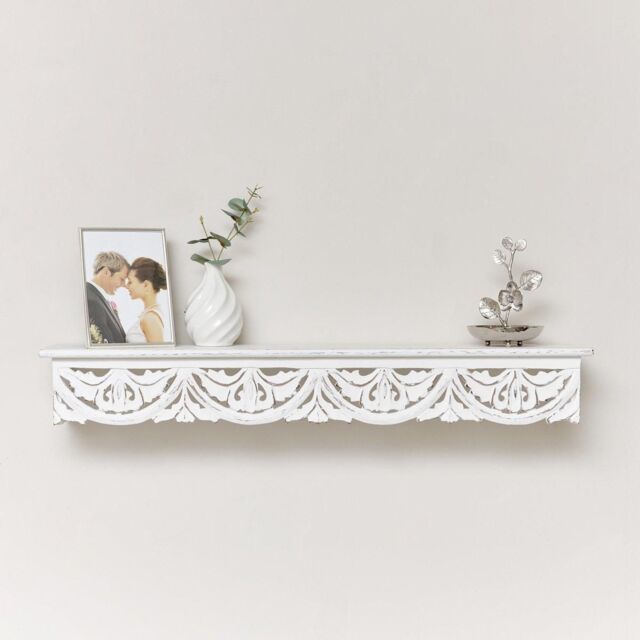 Melody Maison Large White Wooden Carved Boho Wall Shelf - 81cm - image 1