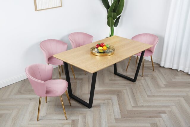 Home Garden Direct Mill Dining Set - Oak Table with 4 Velvet Chairs in Light Pink