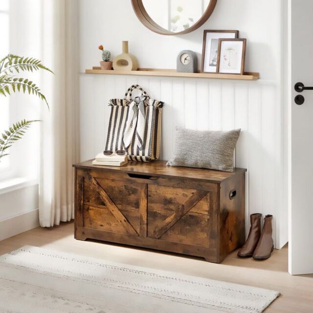 The Bazaarist Large Farmhouse Storage Bench Blanket Box Safety Hinges Chest in Brown - image 1