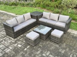 Fimous 8 Seater Rattan Garden Furniture Sofa Set with Side Table Square Coffee Table 2 Small Footstool Dark Grey Mixed - thumbnail 2