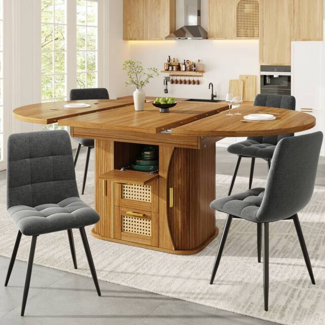 Merax Extendable Round To Oval Wooden Dining Table with 2 Rattan Drawers in Brown - image 1