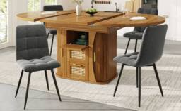 Merax Extendable Round To Oval Wooden Dining Table with 2 Rattan Drawers in Brown - thumbnail 6