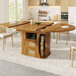 Merax Extendable Round To Oval Wooden Dining Table with 2 Rattan Drawers in Brown - thumbnail 4