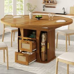 Merax Extendable Round To Oval Wooden Dining Table with 2 Rattan Drawers in Brown - thumbnail 2