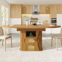 Merax Extendable Round To Oval Wooden Dining Table with 2 Rattan Drawers in Brown - thumbnail 5