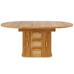Merax Extendable Round To Oval Wooden Dining Table with 2 Rattan Drawers in Brown - thumbnail 9