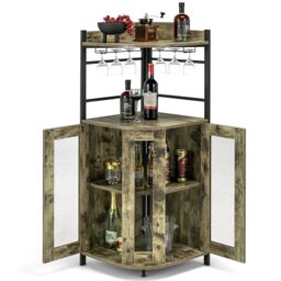 Costway Kitchen Corner Bar Cabinet Industrial Wine Buffet Cabinet in Light Brown - thumbnail 1